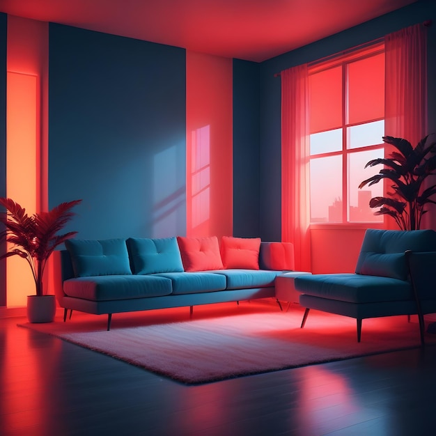 a living room with a couch and a red and blue light