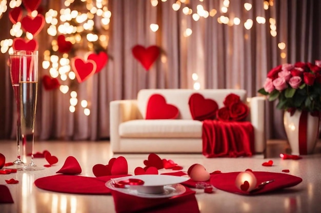 a living room with a couch red hearts and a white coffee cup on the floor