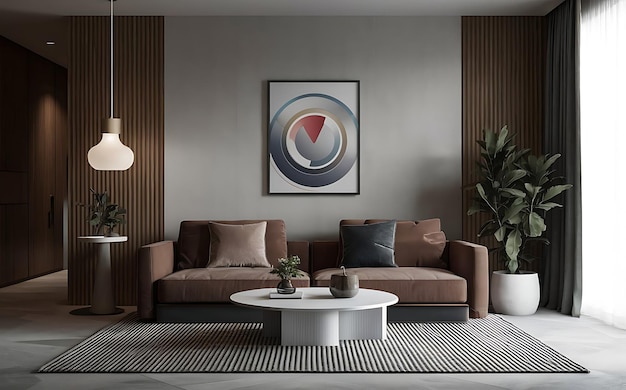 a living room with a couch a round table a round table and a large colorful painting