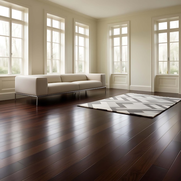 a living room with a couch and a rug on the floor