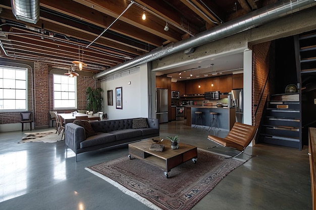 a living room with a couch and a rug Renovated warehouse transformed into a loft apartment