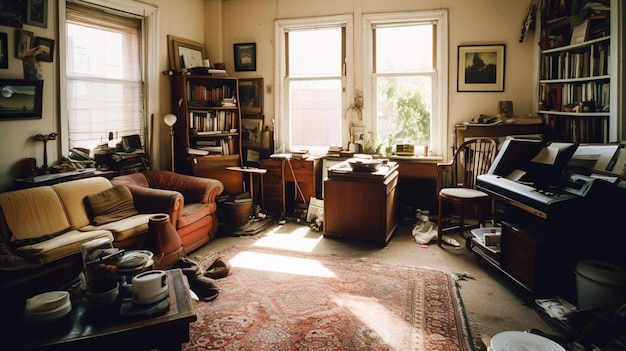 A living room with a couch and a rug that says'the house is empty '