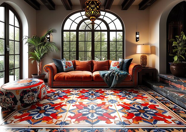 a living room with a couch and a rug with a red and blue and white pattern