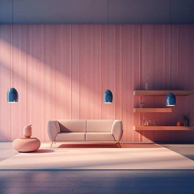 a living room with a couch and a shelf with blue lamps