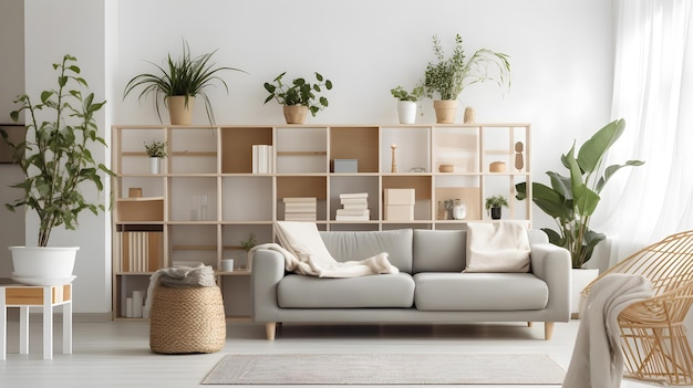 A living room with a couch and a shelf with plants on it.