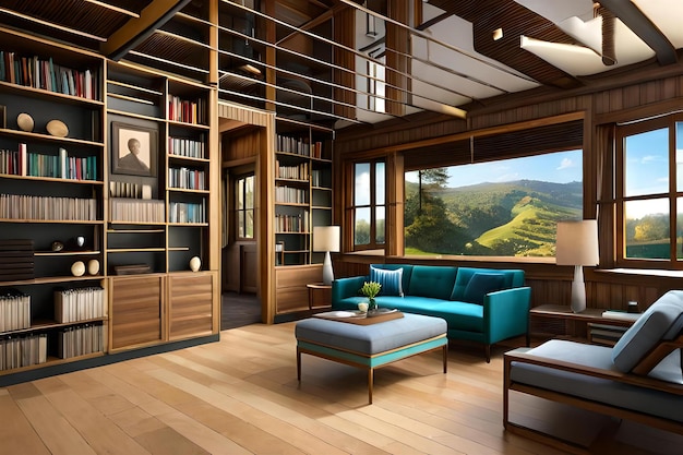 A living room with a couch, sofa, bookshelves, and a bookcase.