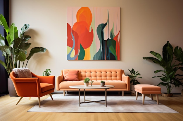 A living room with a couch, sofa, and a painting on the wall.