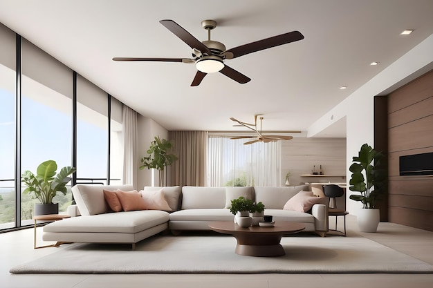 a living room with a couch a table and a ceiling fan