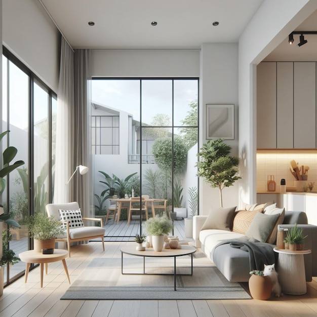 a living room with a couch table and chairs