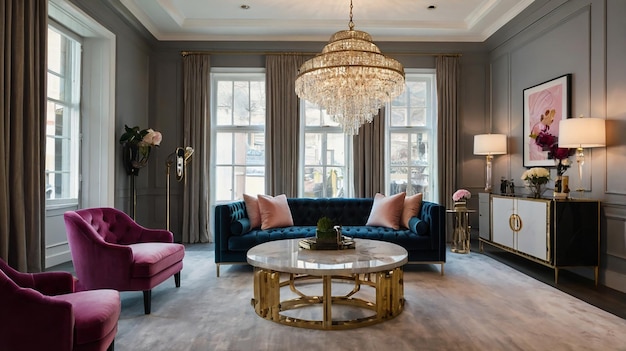 Photo a living room with a couch a table and a chandelier