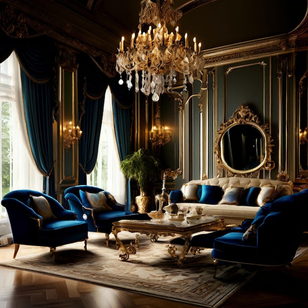 a living room with a couch a table and a chandelier