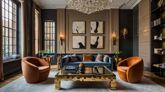 a living room with a couch a table and a chandelier