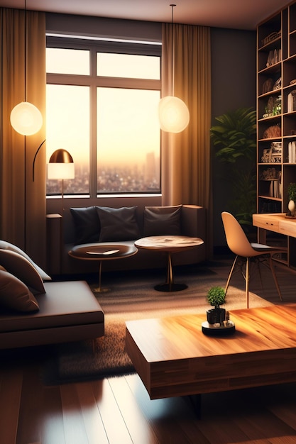 A living room with a couch, a table, a lamp, and a window with the sun shining in.