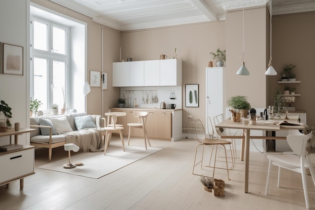 A living room with a couch, a table, and a lamp.