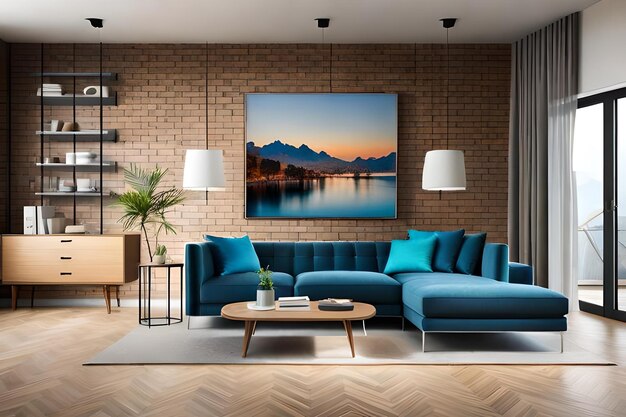 A living room with a couch, table, lamps, and a picture of a mountain.