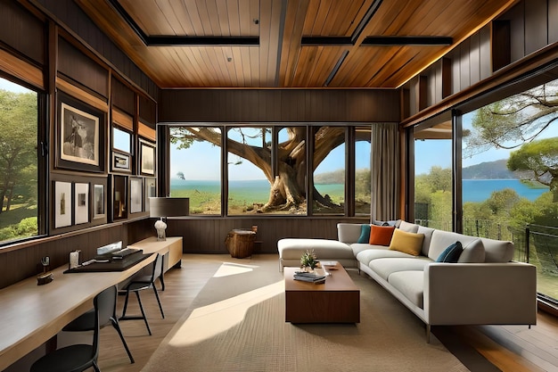 A living room with a couch, a table, and a large window with a view of the ocean.