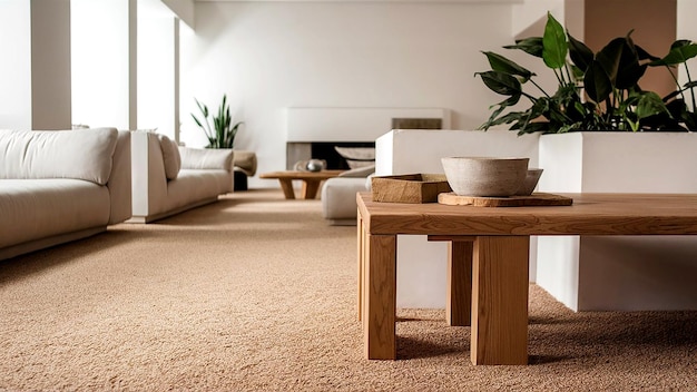 a living room with a couch a table and a plant in the corner