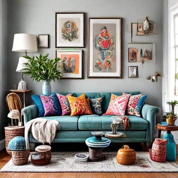 Photo a living room with a couch a table and a plant in the corner