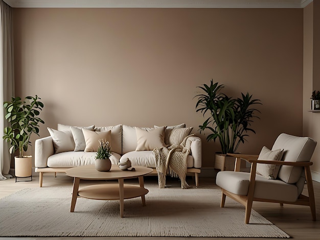 A living room with a couch a table and a plant on it