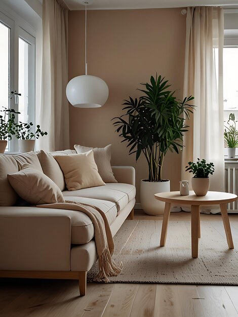 A living room with a couch a table and a plant on it