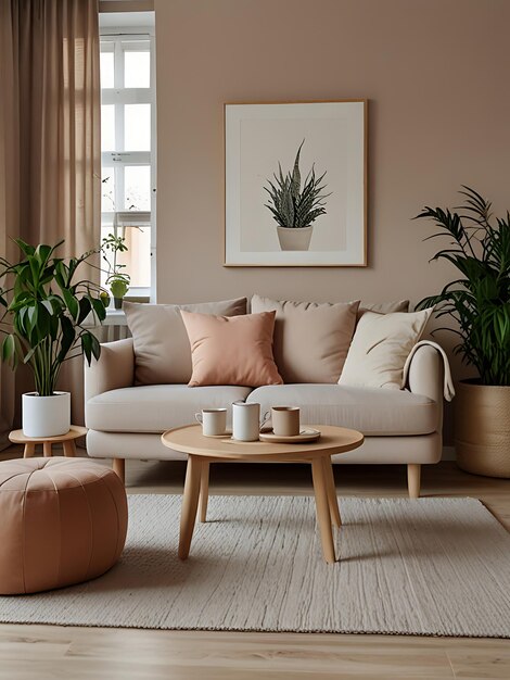 A living room with a couch a table and a plant on it