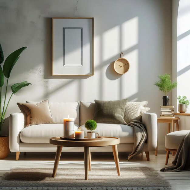 a living room with a couch a table a plant and a picture of a plant