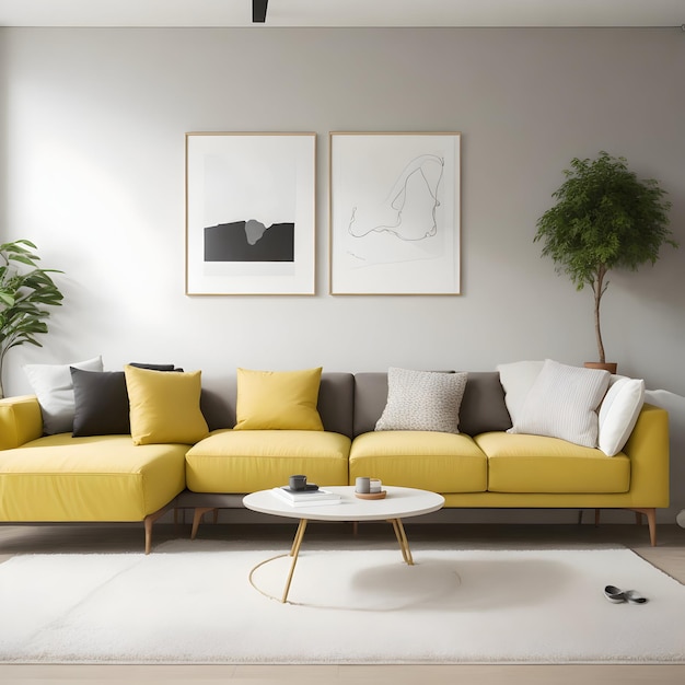 a living room with a couch a table a plant and a picture of a plant