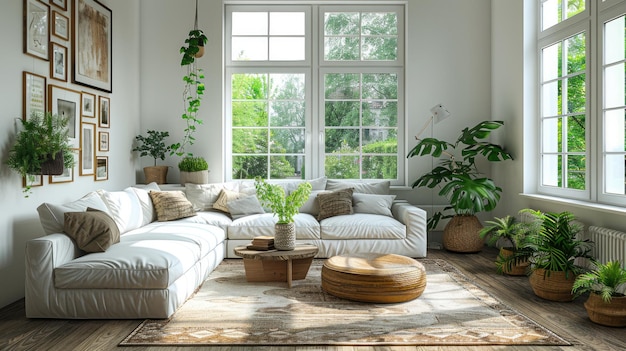 a living room with a couch a table and a plant on the table