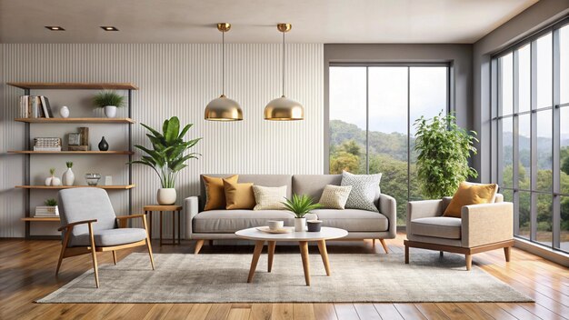 a living room with a couch a table and a plant on the table