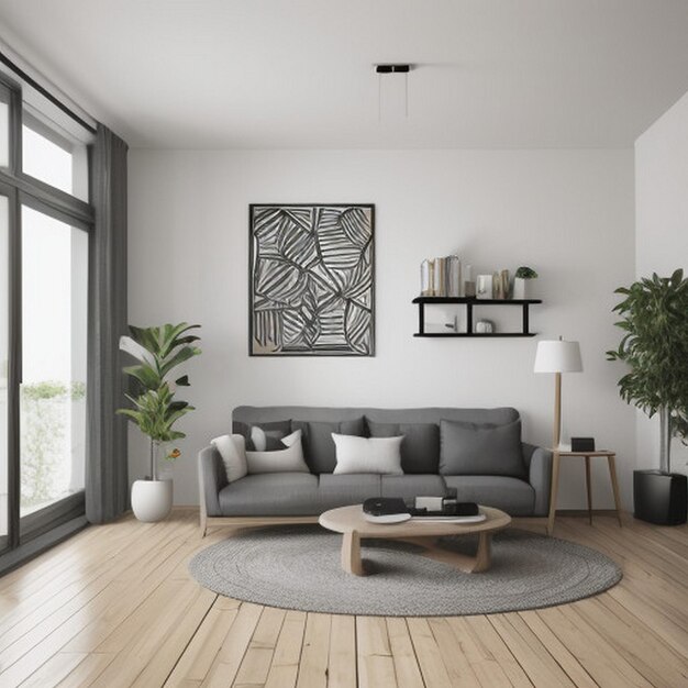 a living room with a couch a table and a plant on the table