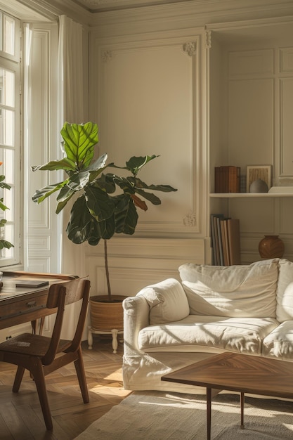 a living room with a couch table and a plant