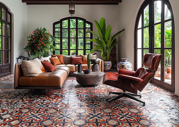 a living room with a couch a table and a potted plant