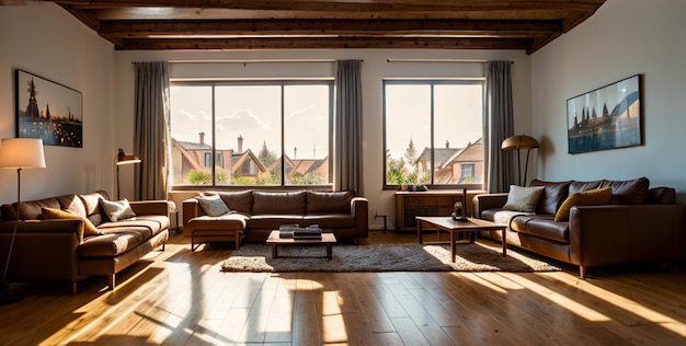 a living room with a couch a table and a window with a view of the city