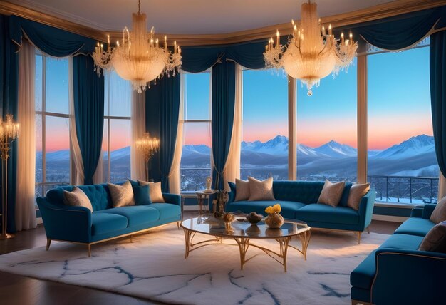 Photo a living room with a couch a table and a window with a view of mountains and mountains