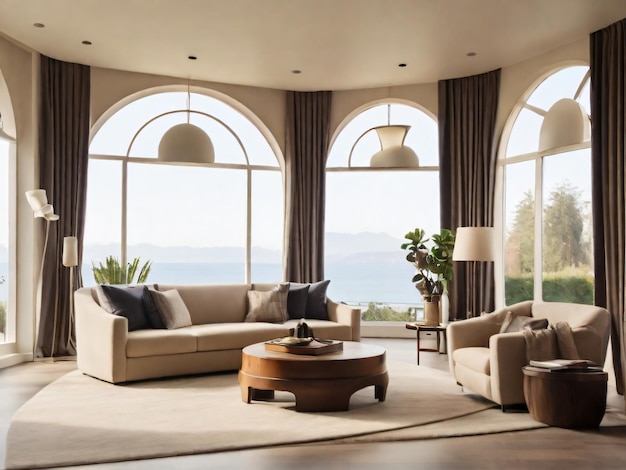 A living room with a couch a table and a window with the view of the ocean Ai generated