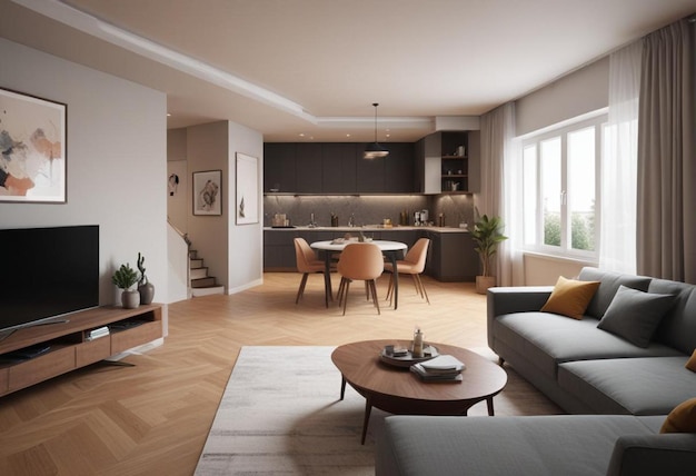 a living room with a couch table and windows with a view of the stairs