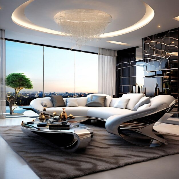 a living room with a couch and a table with blue and white pillows