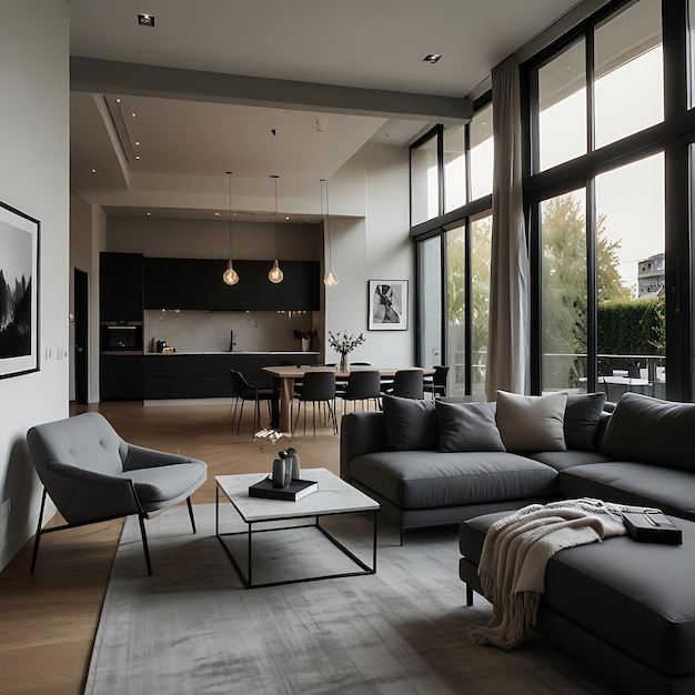 Photo a living room with a couch and a table with chairs and a picture on the wall