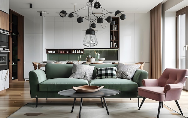 a living room with a couch and a table with chairs and a table with a coffee table