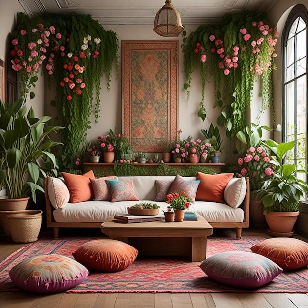 a living room with a couch and a table with flowers on it