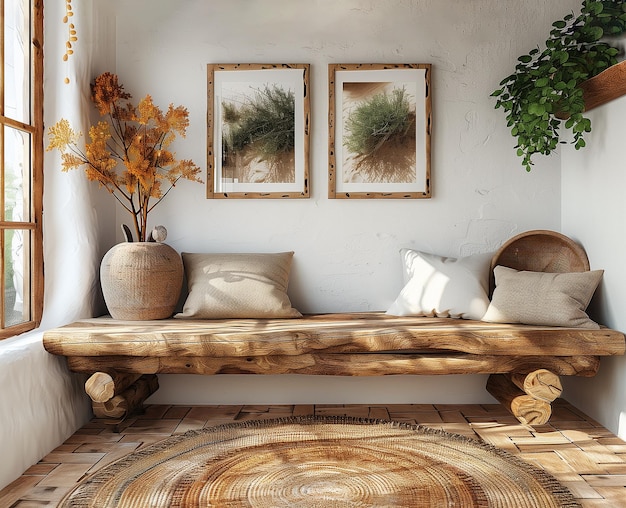 a living room with a couch and a table with flowers on it