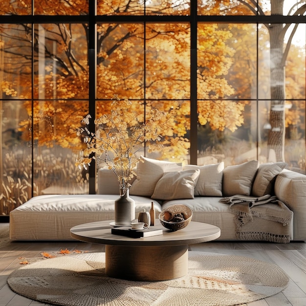 a living room with a couch and a table with a glass wall behind it