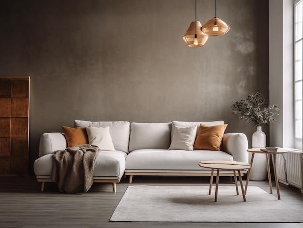 A living room with a couch and a table with a lamp hanging from it.