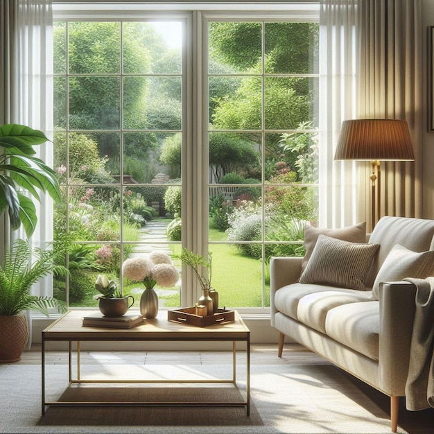 A living room with a couch and a table with a lamp on it