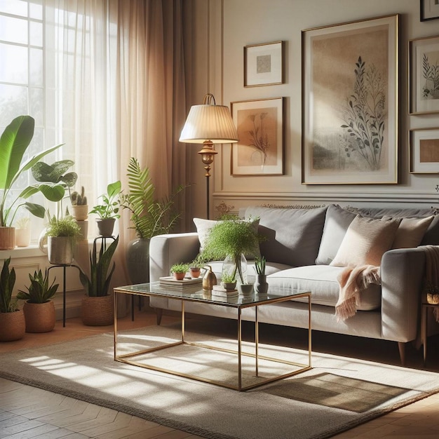 A living room with a couch and a table with a lamp on it