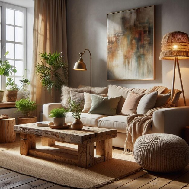 A living room with a couch and a table with a lamp on it