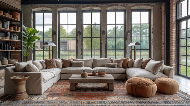 a living room with a couch and a table with a lamp on it