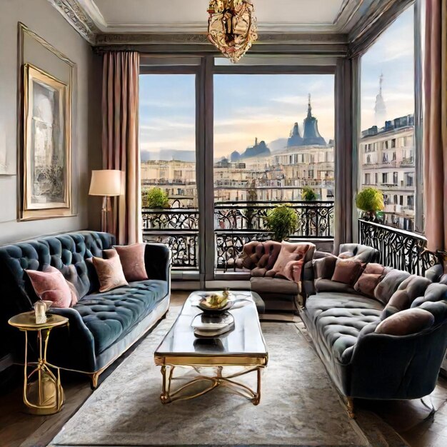 a living room with a couch and a table with a lamp on it