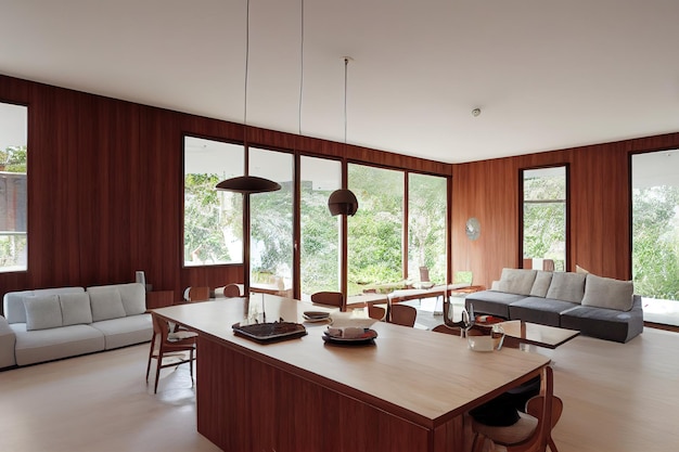 A living room with a couch and a table with a lamp on it