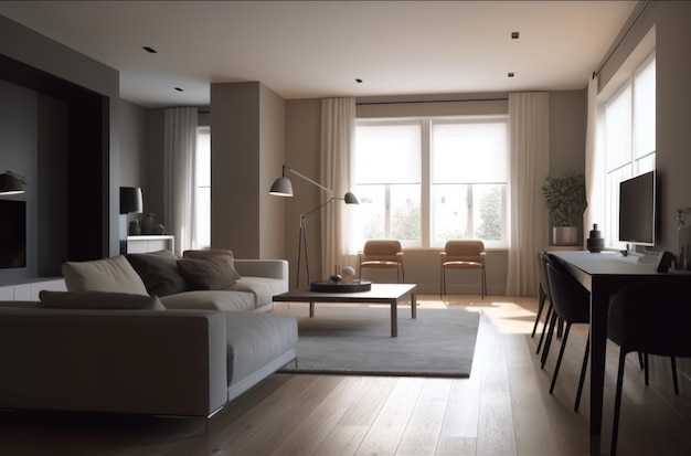 A living room with a couch and a table with a lamp on it.